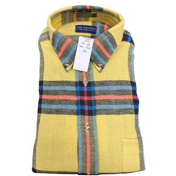 Vtg 90s Van Heusen Yellow Plaid Button-Down Long Sleeve Shirt Winterweights Sz M - Picture 1 of 6